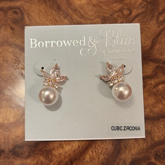 Borrowed and Blue White and Gold Earrings with Pearl and Crystal Accents - Picture 3 of 4